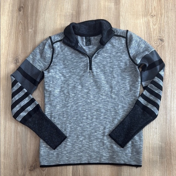 PRANA Tellie Sweater Pullover Charcoal Gray Striped 1/4 Zip Wool Blend Small - Picture 2 of 9